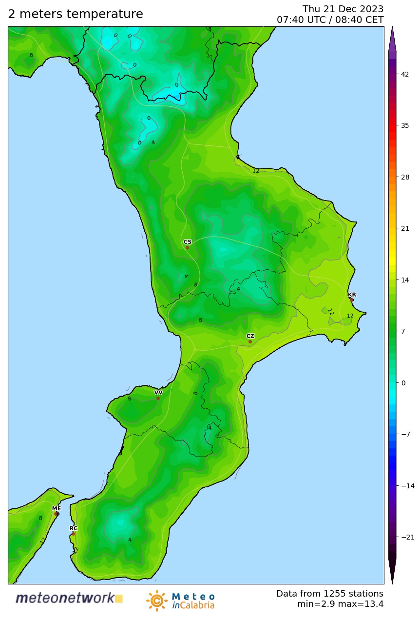 Mappa Live delle temperature in Calabria