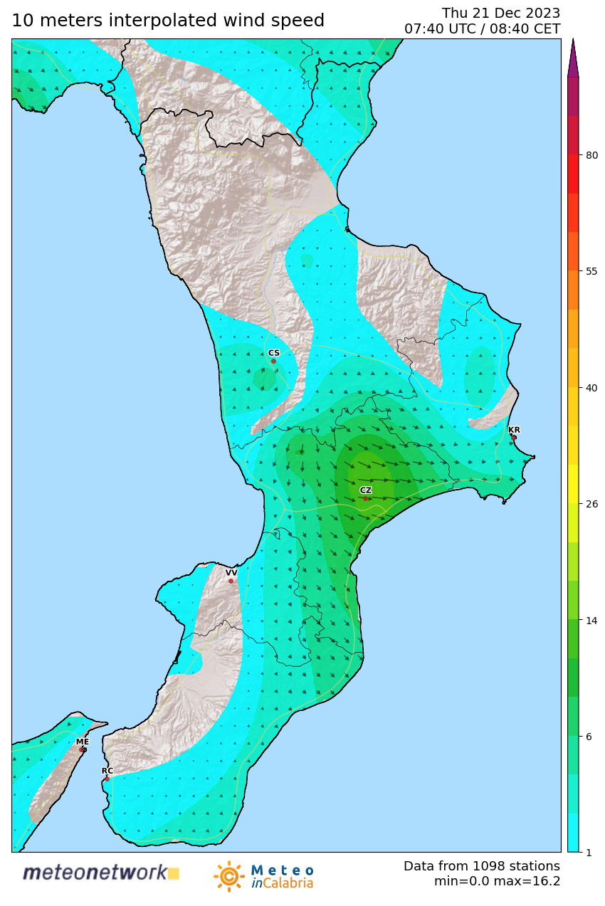 Mappa Live dei venti in Calabria