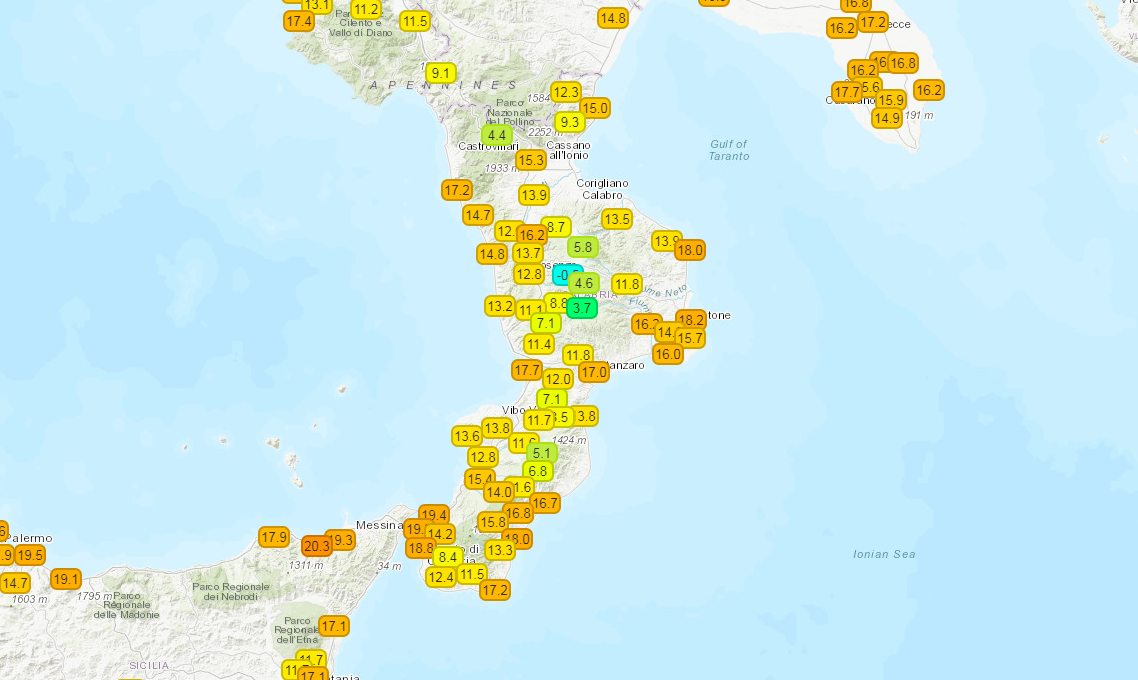 Aggiornamento in tempo reale: primi valori sotto zero in Calabria!