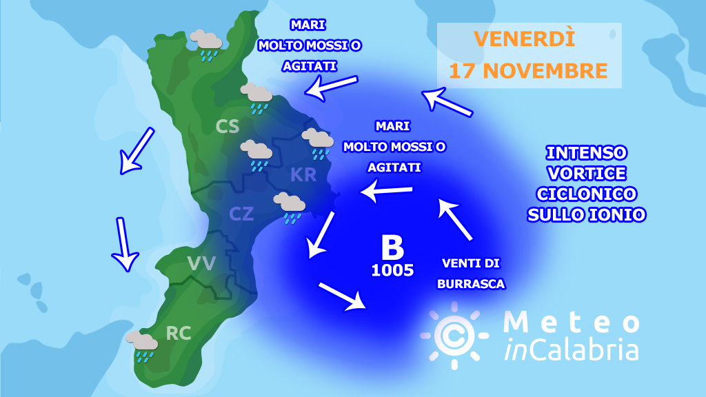 Venerdì con vortice ciclonico vicino alle coste crotonesi. Maltempo diffuso su aree ioniche: ecco i dettagli.