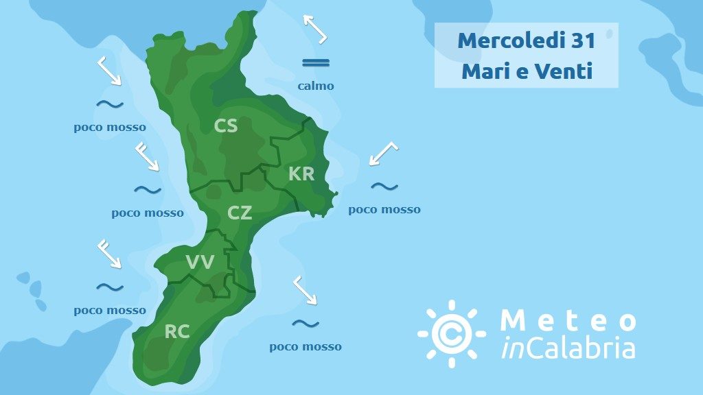 previsione mari e venti in Calabria per mercoledì 31 luglio 2019