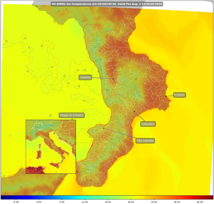 Temperatura prevista al suolo in Calabria per giovedì 1 agosto 2019