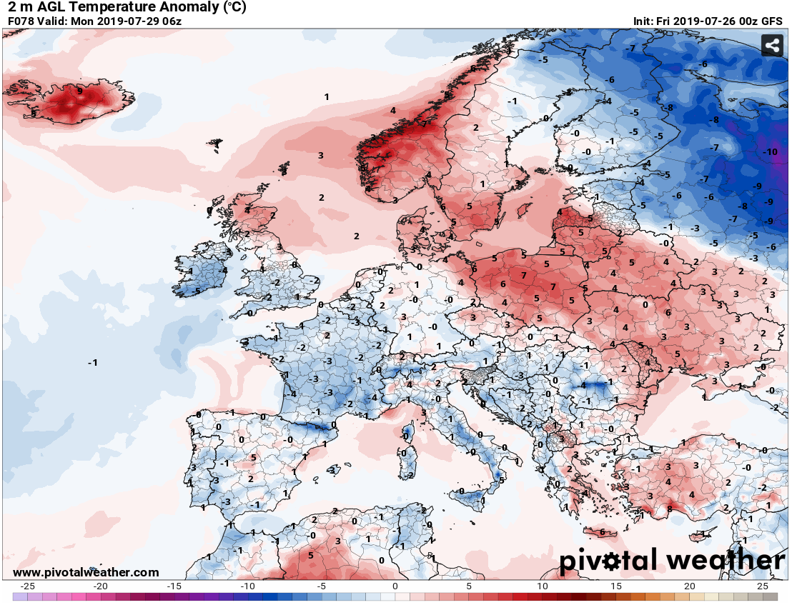 anomalie temperature 2 m europa gfs 29 luglio 2019
