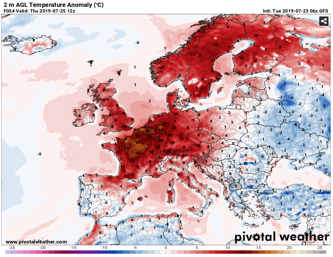 temperatura 2 m anomalie europa 25 luglio 2019