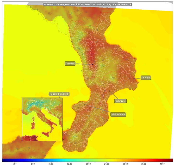 Temperature previste al suolo per il 2 agosto 2019 in calabria