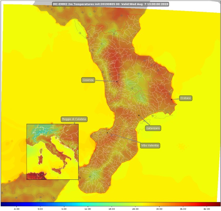 Temperature previste al suolo in Calabria per il 7 agosto 2019