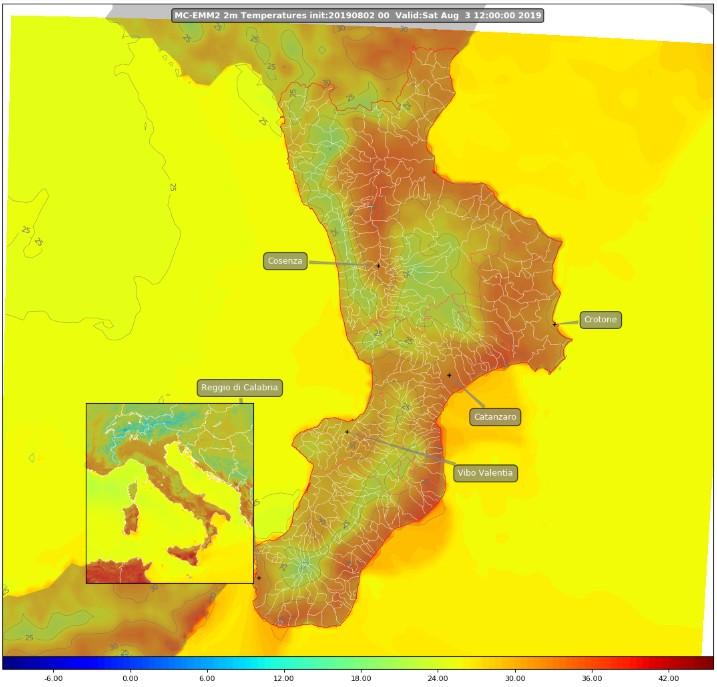 Temperature al suolo in calabria previste per il 3 agosto 2019