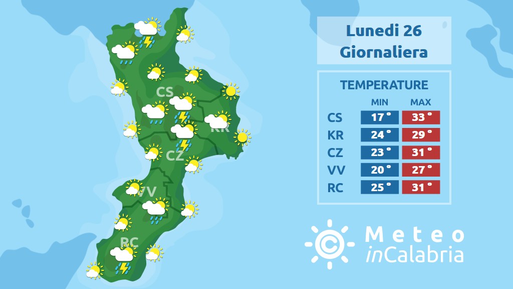 previsione meteo in calabria per lunedì 26 agosto 2019