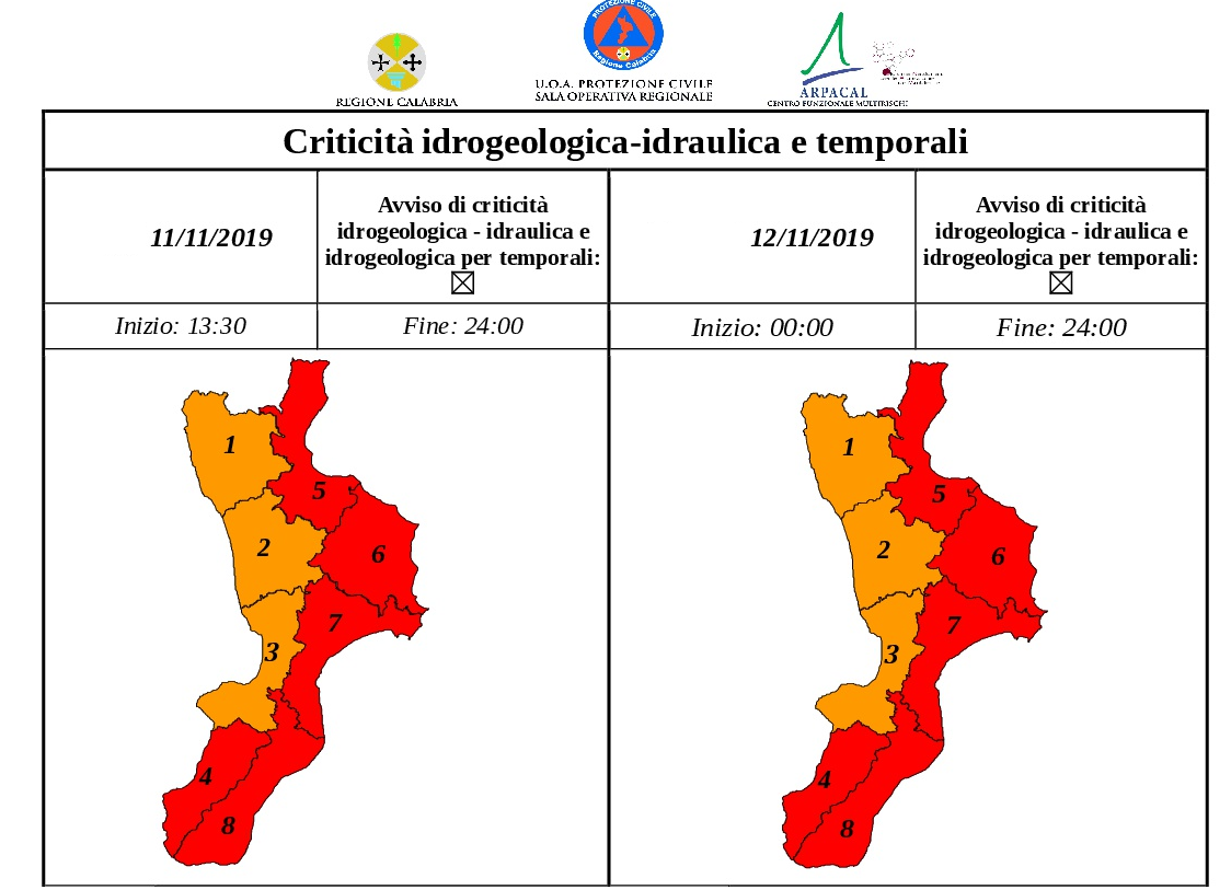 allerta rossa protezione civile calabria 12 novembre 2019