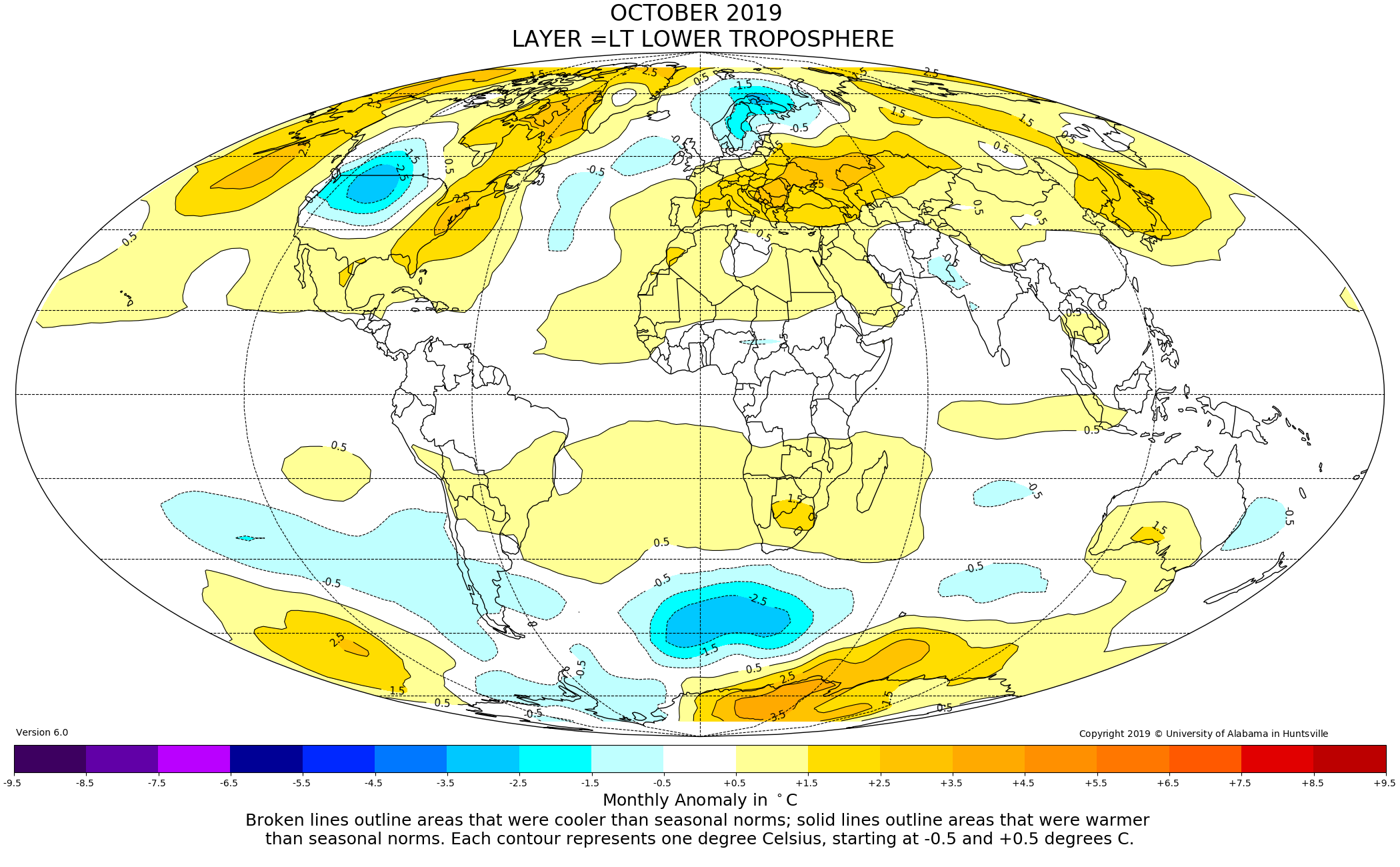 mappa anomalie termiche globali satellitari ottobre 2019
