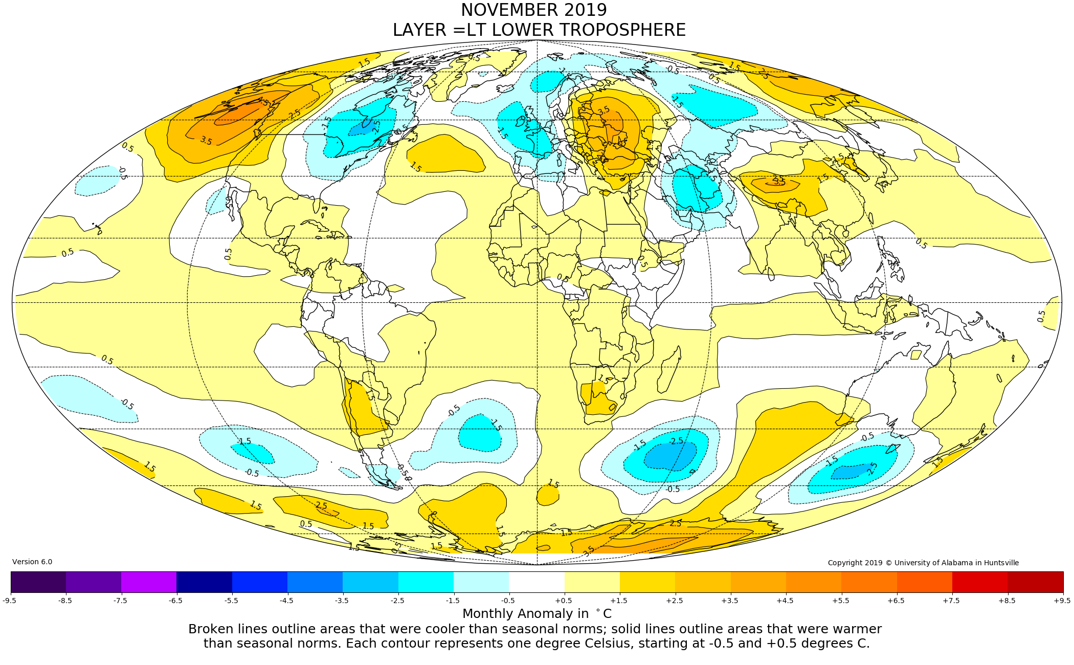 Mappa anomalie temperature globali satellitari novembre 2019