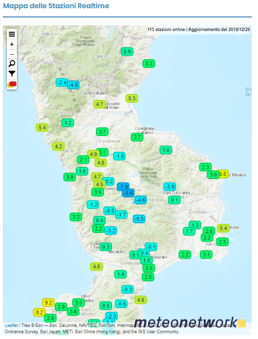 mappa temperature minime Calabria 29 dicembre 2019 sottozero freddo