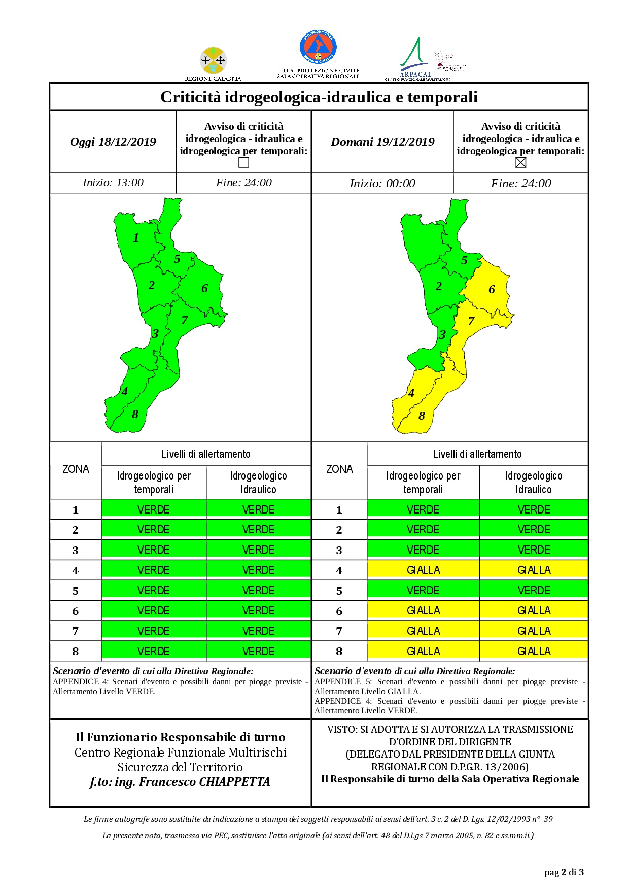 Criticità idrogeologica-idraulica e temporali in Calabria 18-12-2019