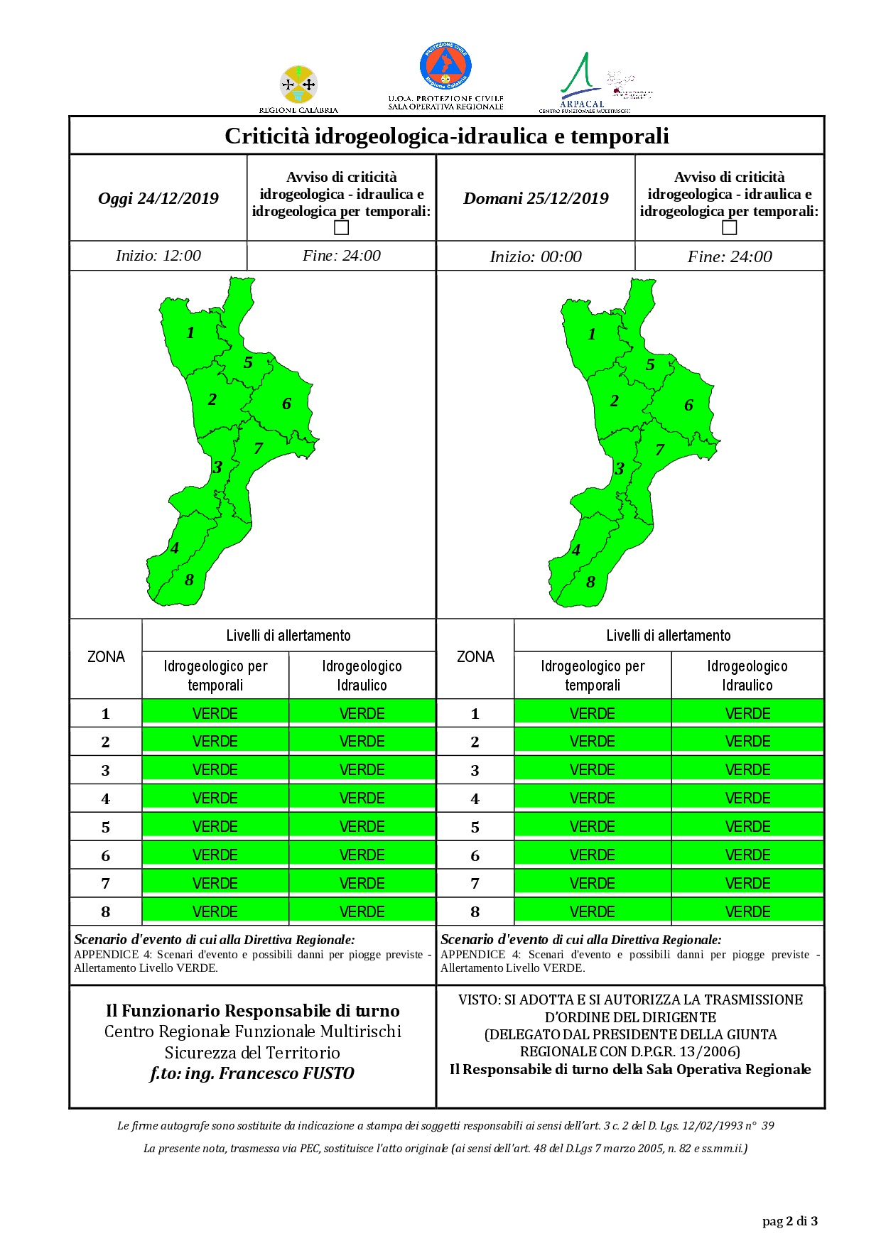 Criticità idrogeologica-idraulica e temporali in Calabria 24-12-2019