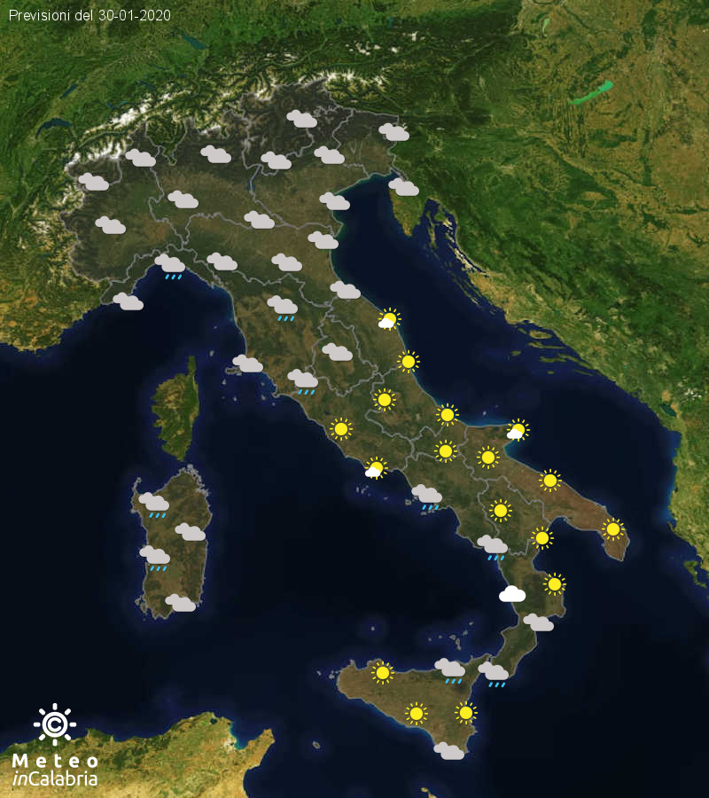 Previsioni del tempo in Italia per il giorno 30/01/2020
