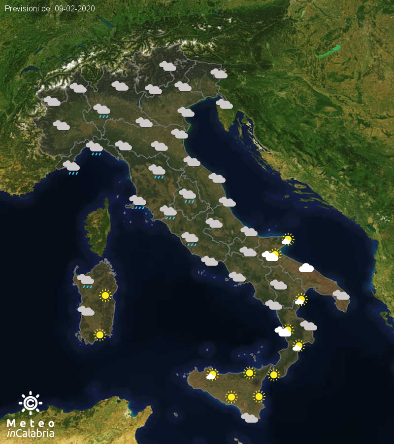 Previsioni del tempo in Italia per il giorno 09/02/2020