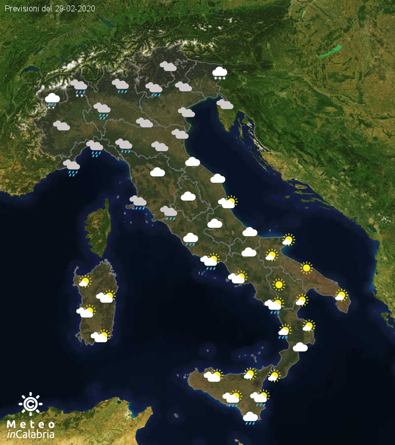 Previsioni del tempo in Italia per il giorno 29/02/2020