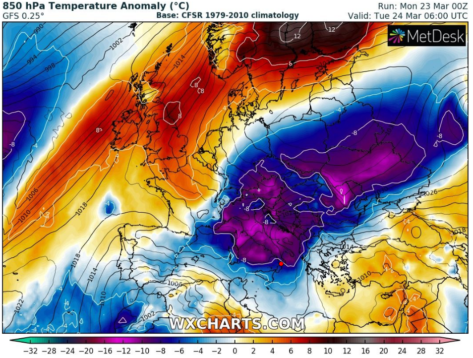 anomalie temperature 850 hPa europa 24 marzo 2020