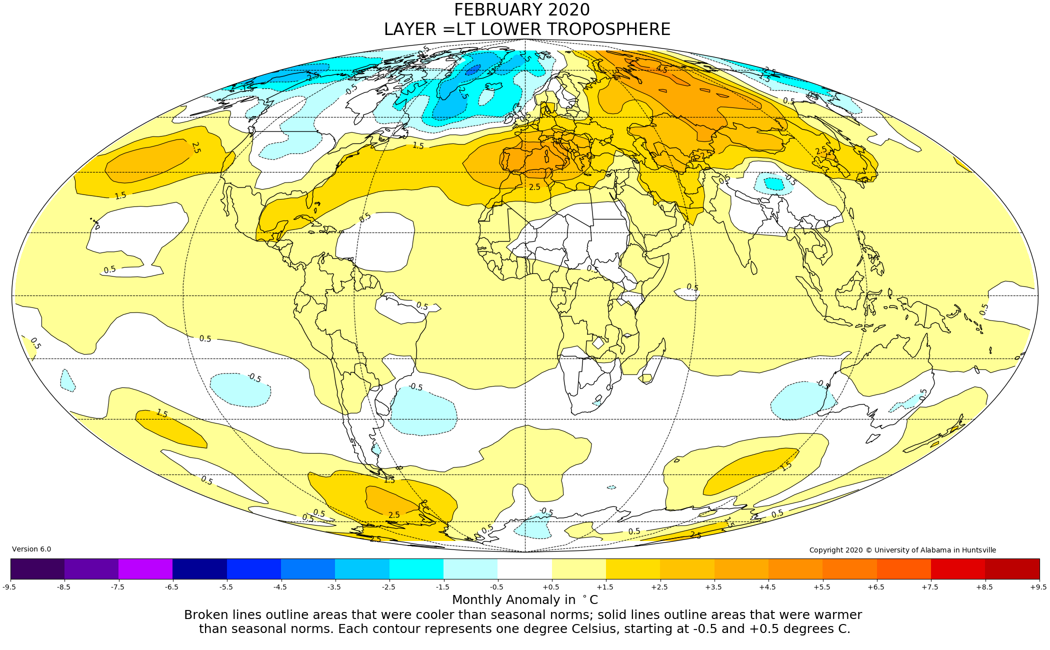 mappa anomalie temperature globali da satellite febbraio 2020