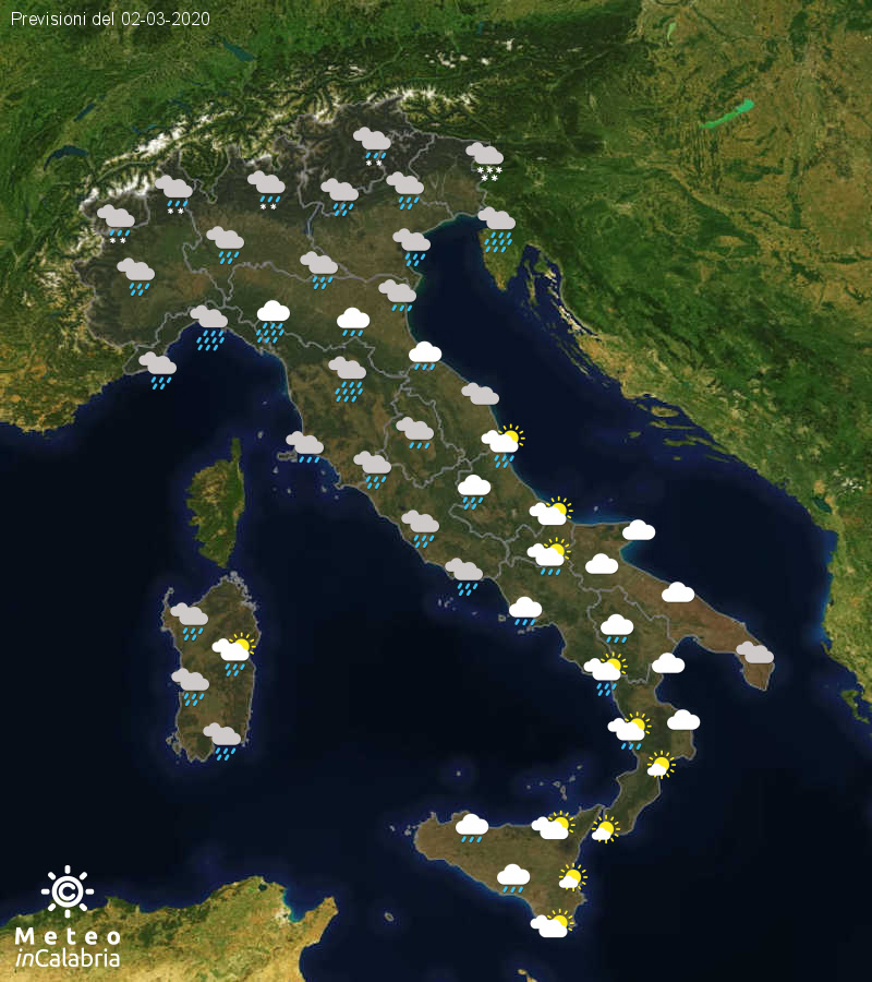 Previsioni del tempo in Italia per il giorno 02/03/2020