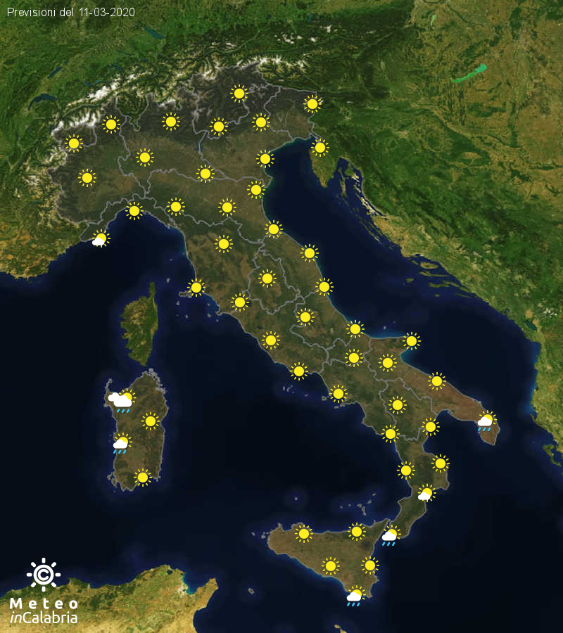Previsioni del tempo in Italia per il giorno 11/03/2020