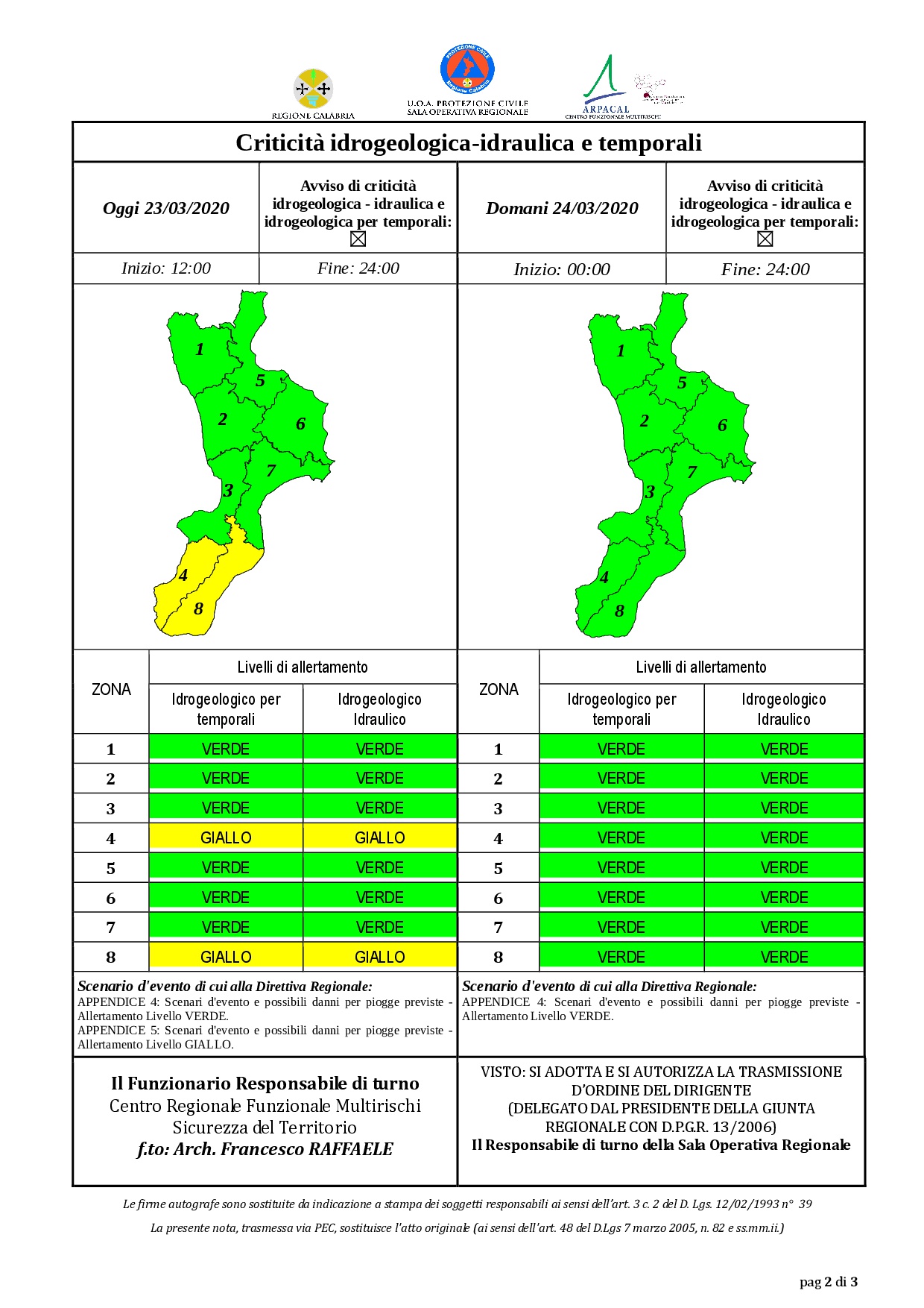 Criticità idrogeologica-idraulica e temporali in Calabria 23-03-2020