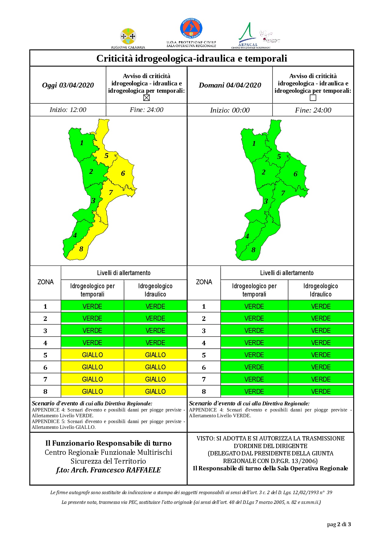 Criticità idrogeologica-idraulica e temporali in Calabria 03-04-2020