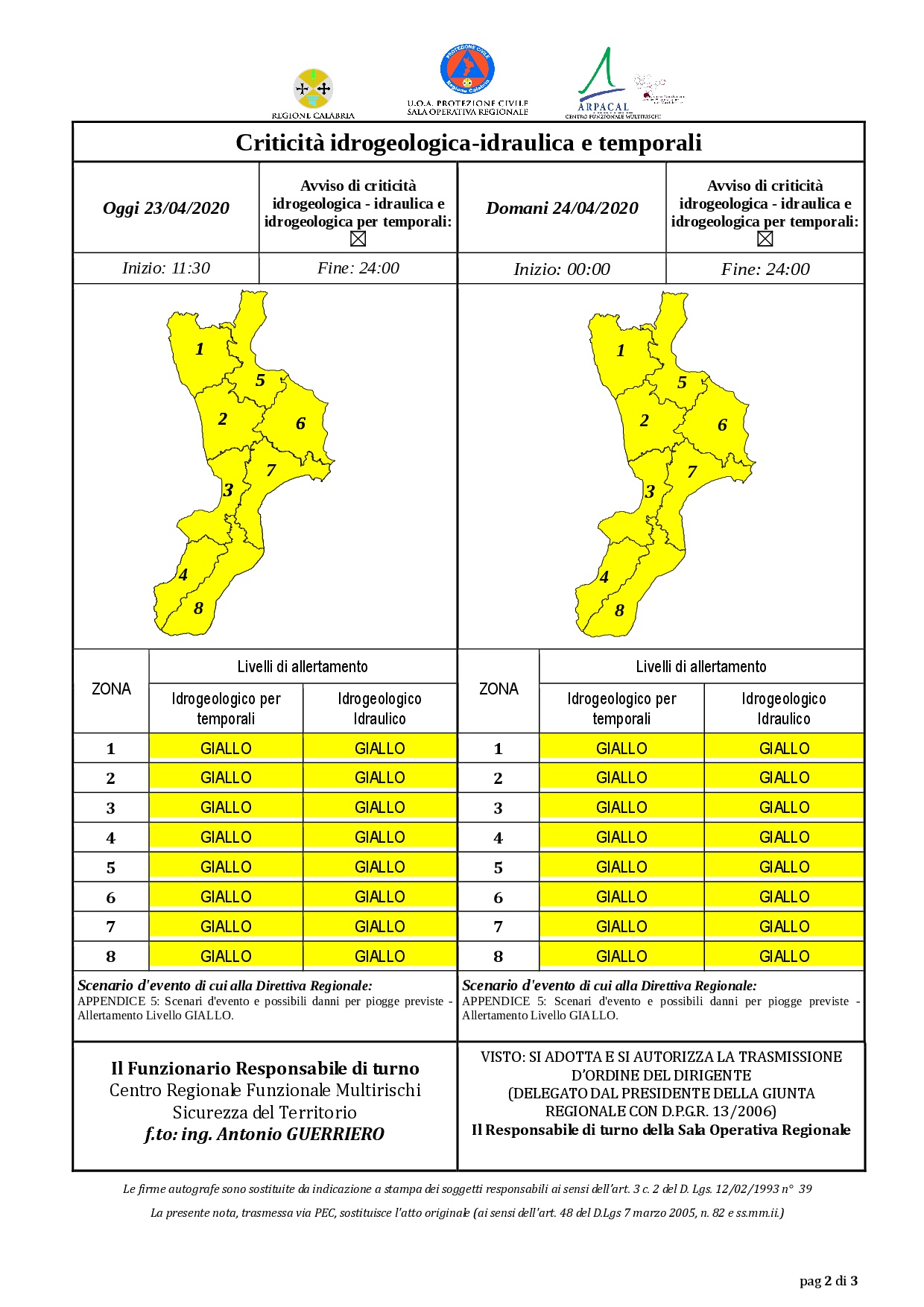 Criticità idrogeologica-idraulica e temporali in Calabria 23-04-2020