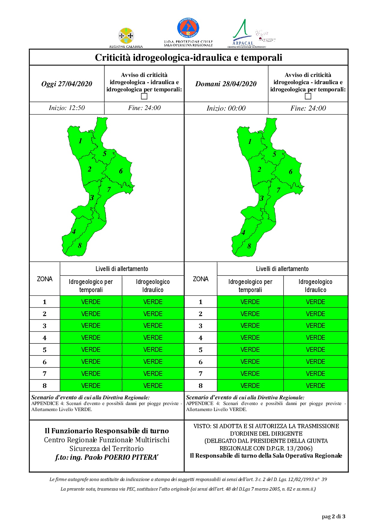 Criticità idrogeologica-idraulica e temporali in Calabria 27-04-2020