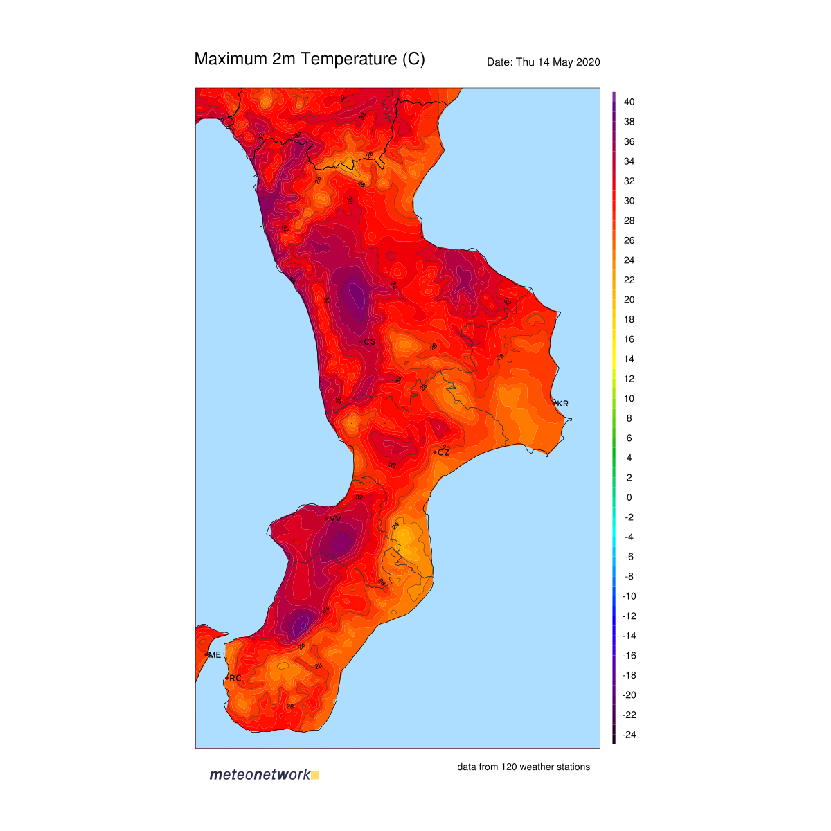 Mappa temperature massime calabria 14 maggio 2020