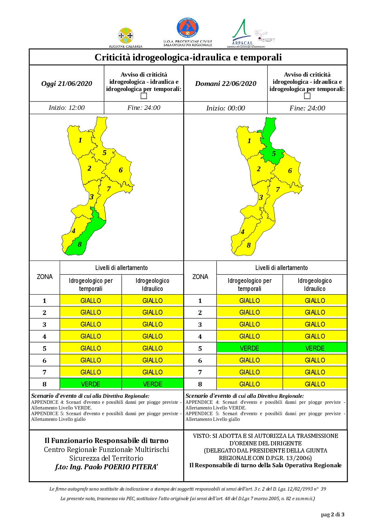 Criticità idrogeologica-idraulica e temporali in Calabria 21-06-2020