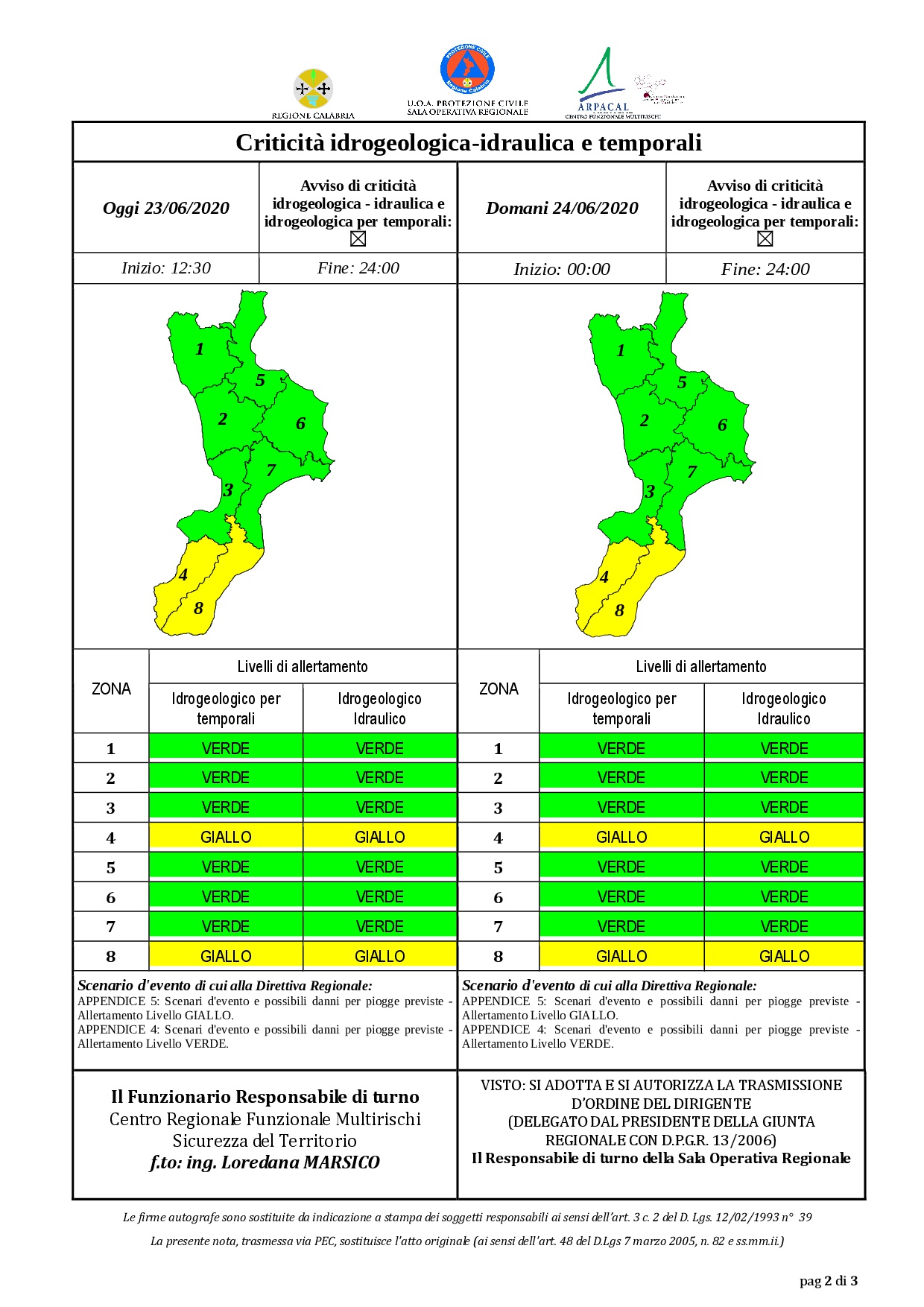 Criticità idrogeologica-idraulica e temporali in Calabria 23-06-2020