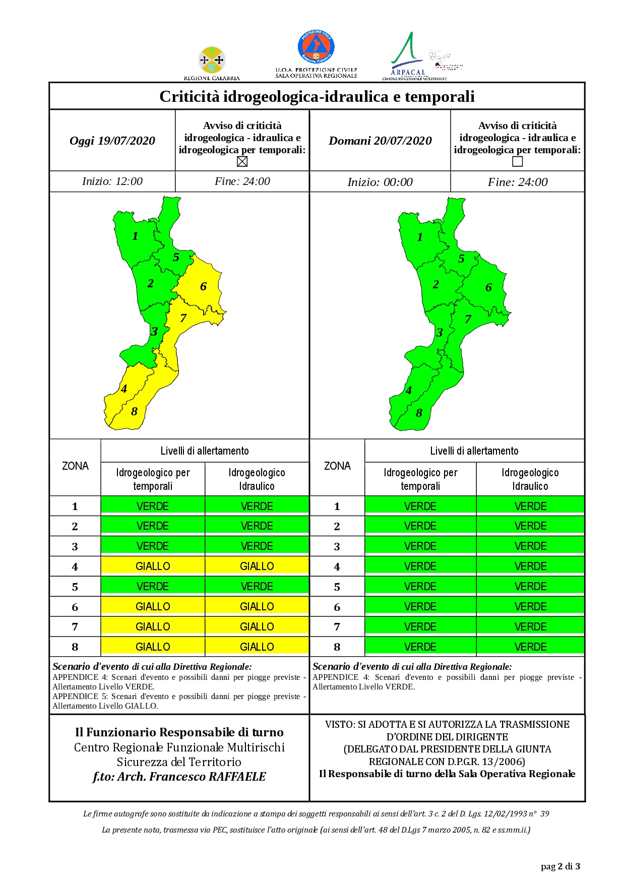 Criticità idrogeologica-idraulica e temporali in Calabria 19-07-2020