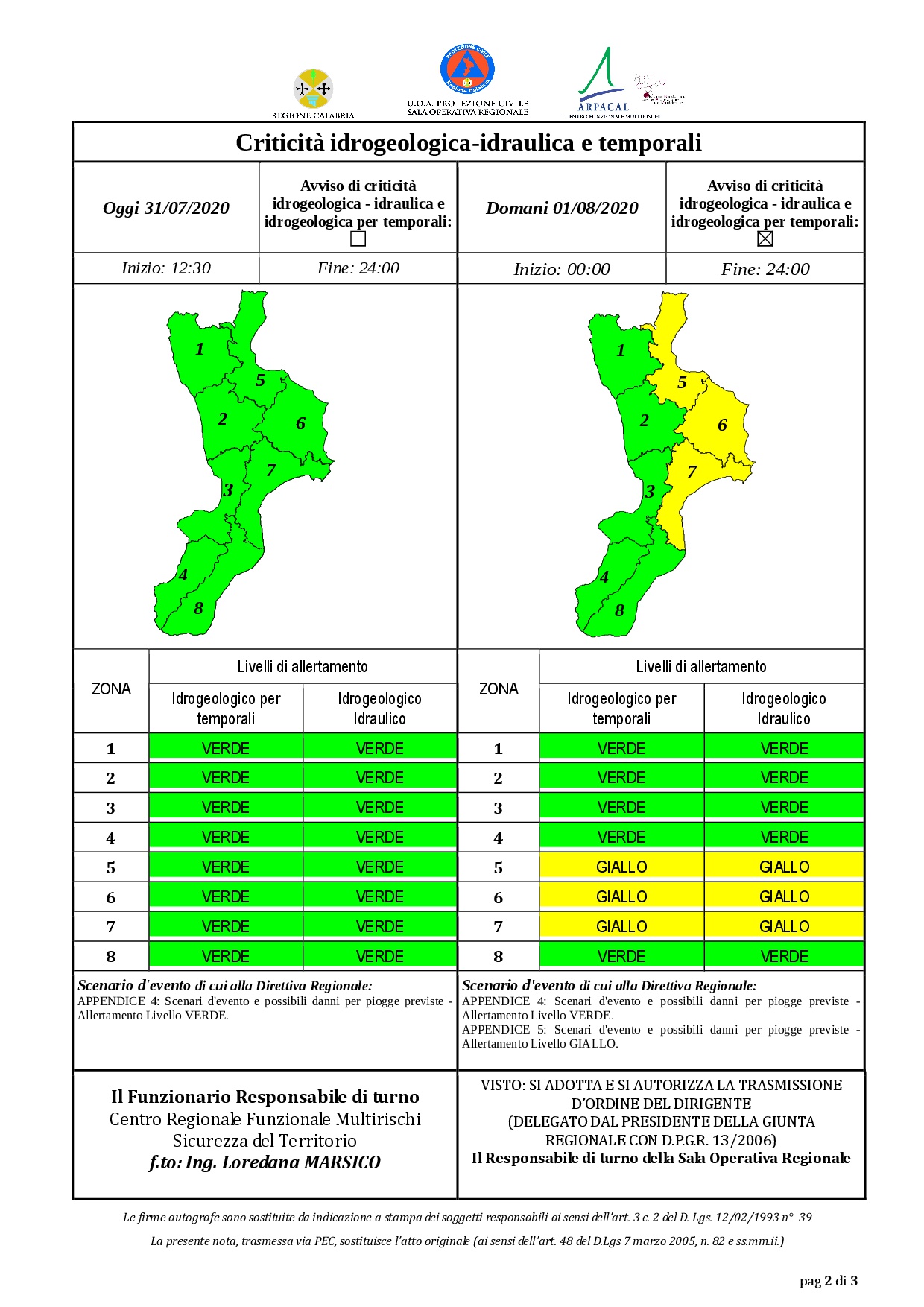 Criticità idrogeologica-idraulica e temporali in Calabria 31-07-2020