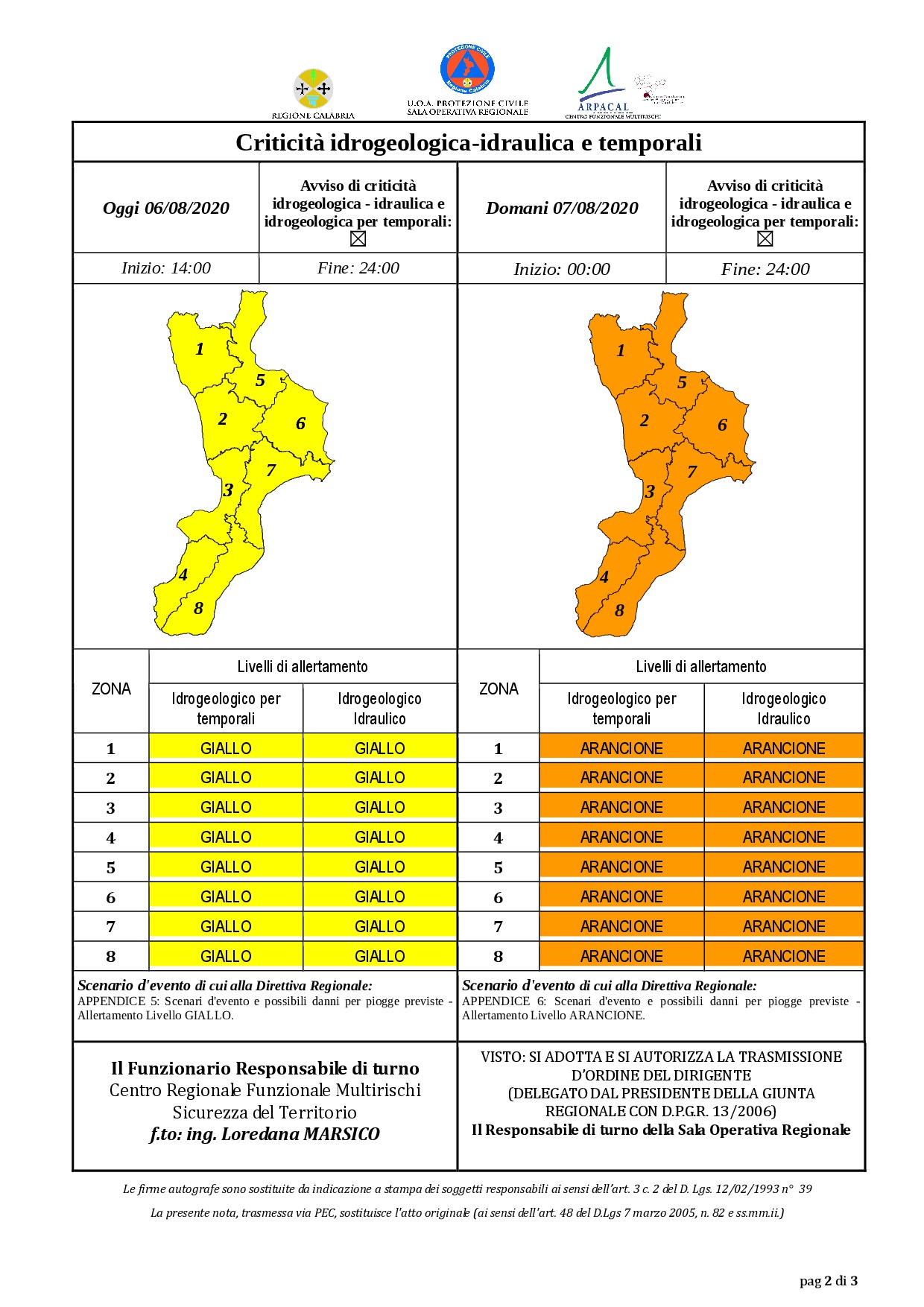 Criticità idrogeologica-idraulica e temporali in Calabria 06-08-2020