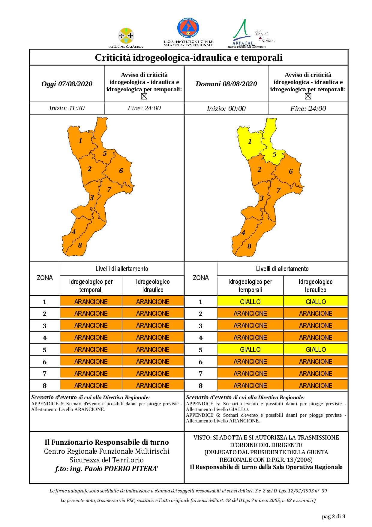Criticità idrogeologica-idraulica e temporali in Calabria 07-08-2020