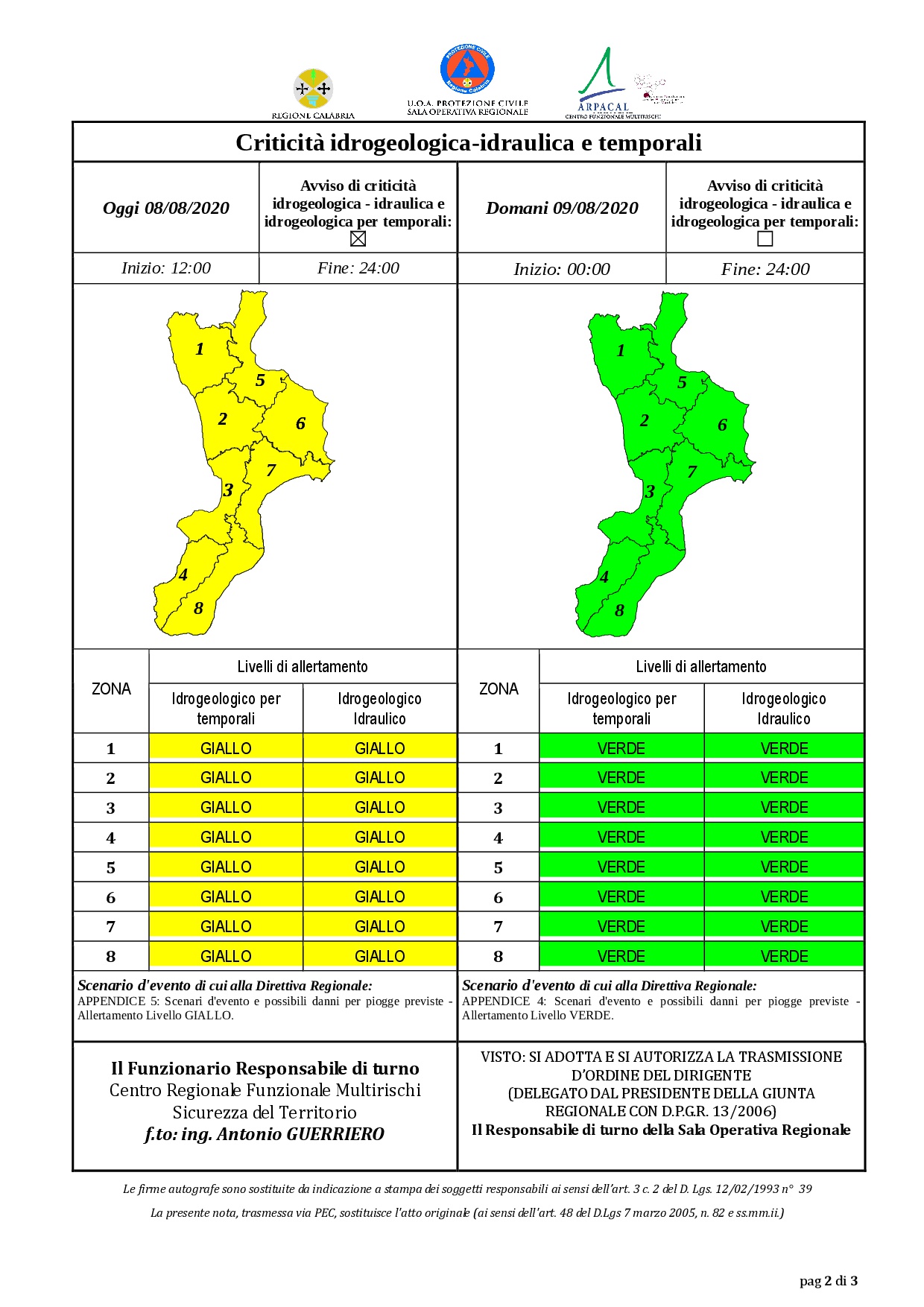 Criticità idrogeologica-idraulica e temporali in Calabria 08-08-2020