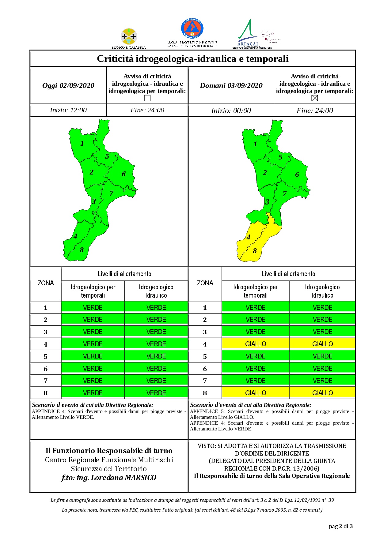 Criticità idrogeologica-idraulica e temporali in Calabria 02-09-2020
