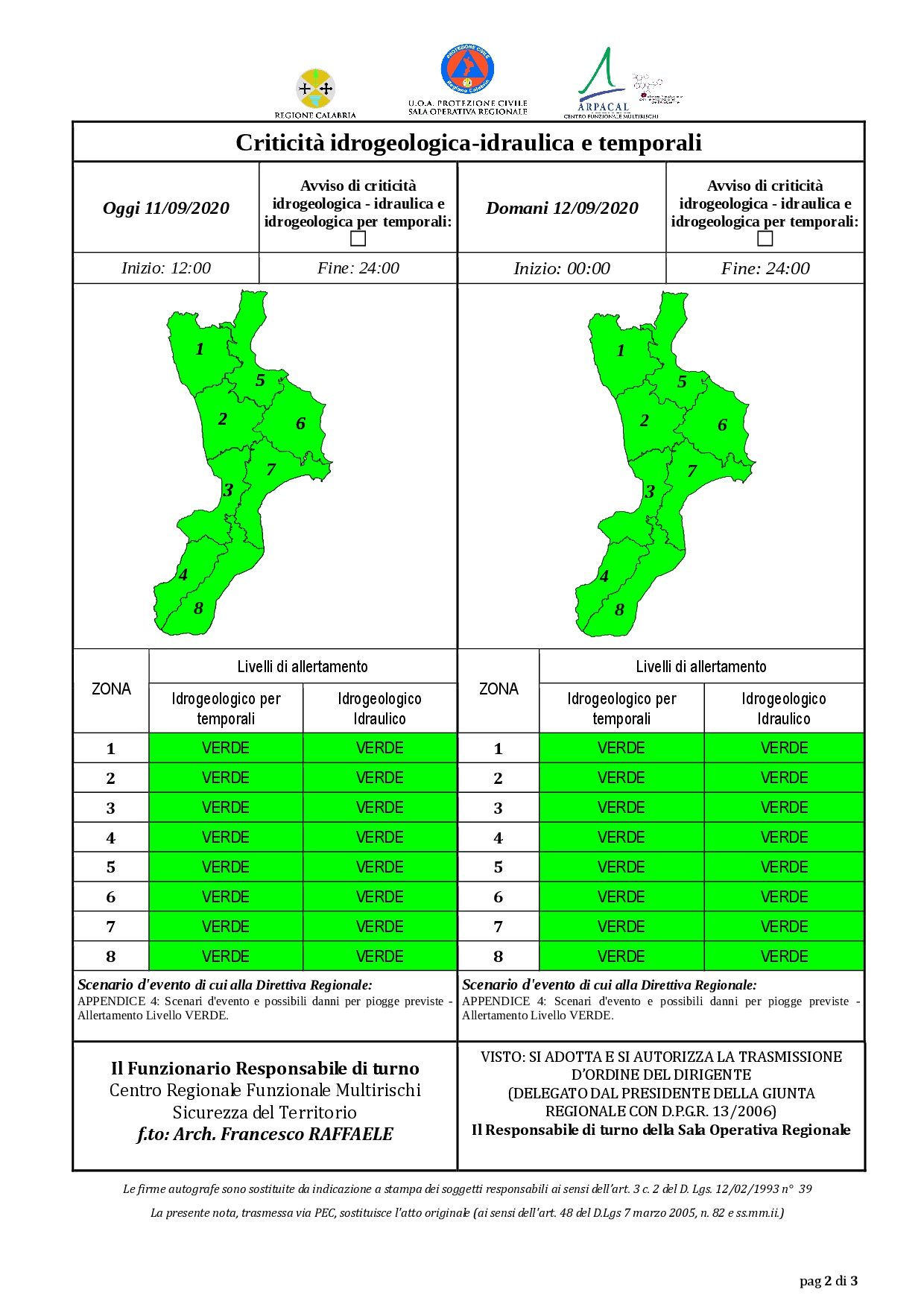 Criticità idrogeologica-idraulica e temporali in Calabria 11-09-2020