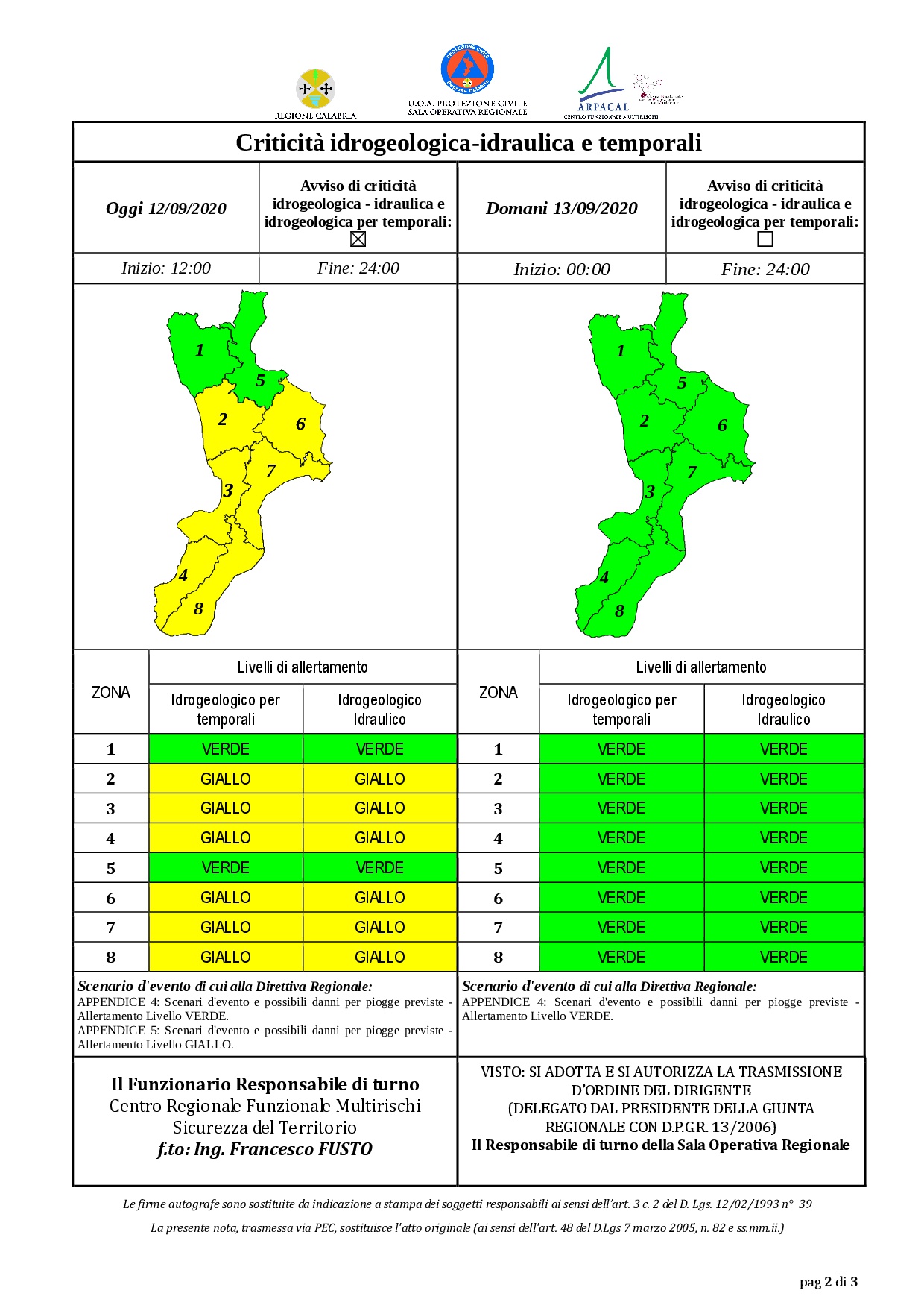 Criticità idrogeologica-idraulica e temporali in Calabria 12-09-2020