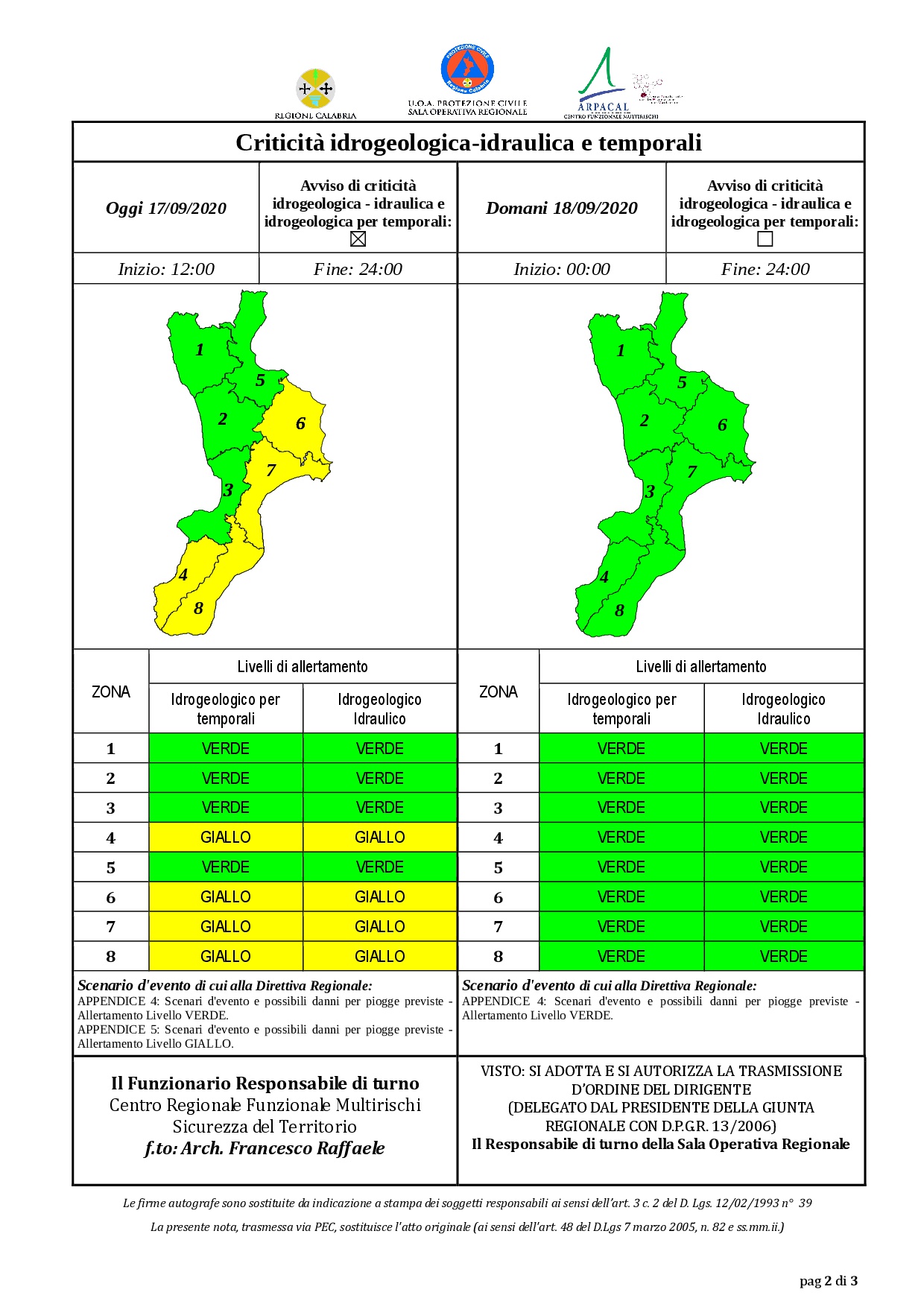 Criticità idrogeologica-idraulica e temporali in Calabria 17-09-2020