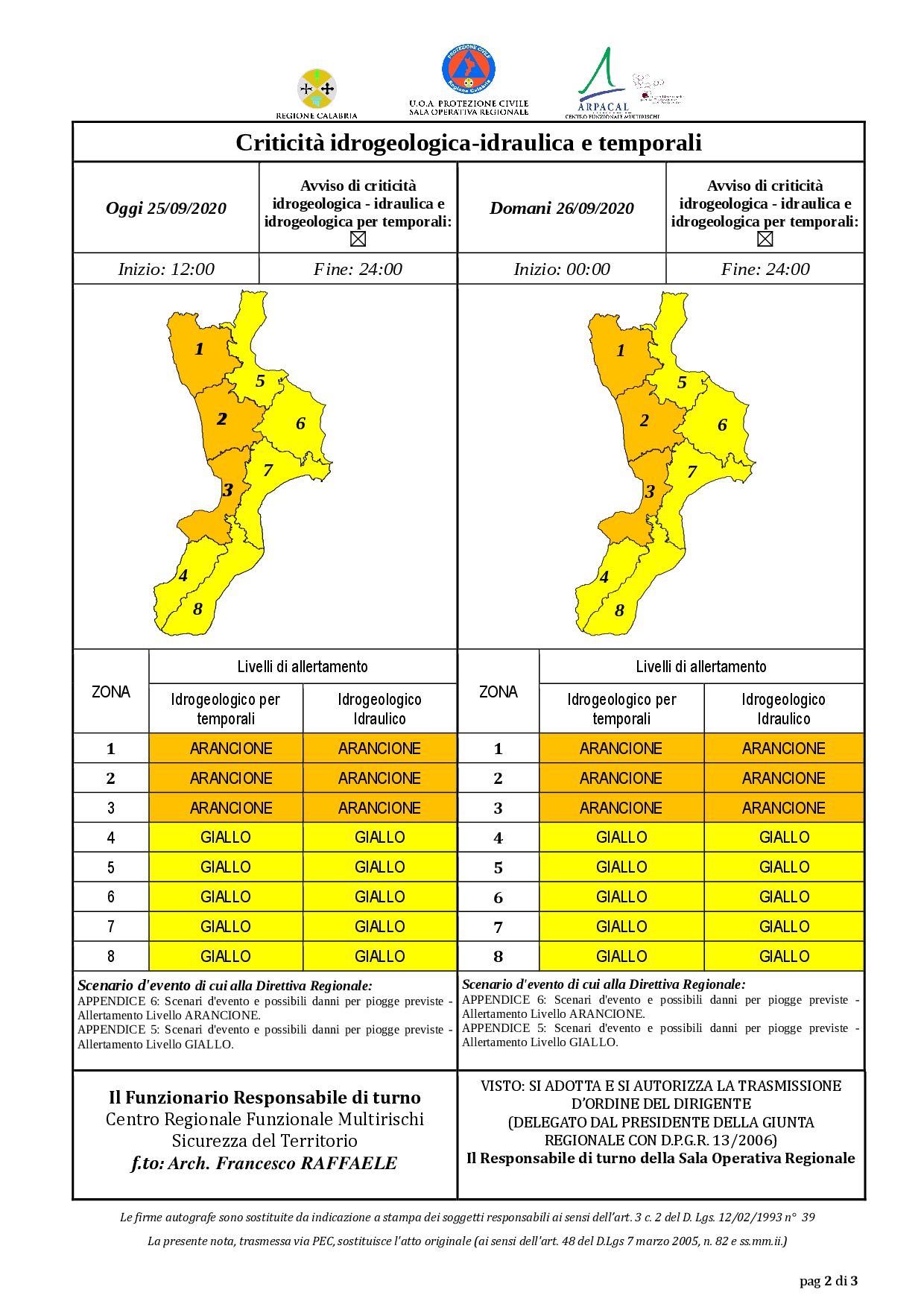 Criticità idrogeologica-idraulica e temporali in Calabria 25-09-2020