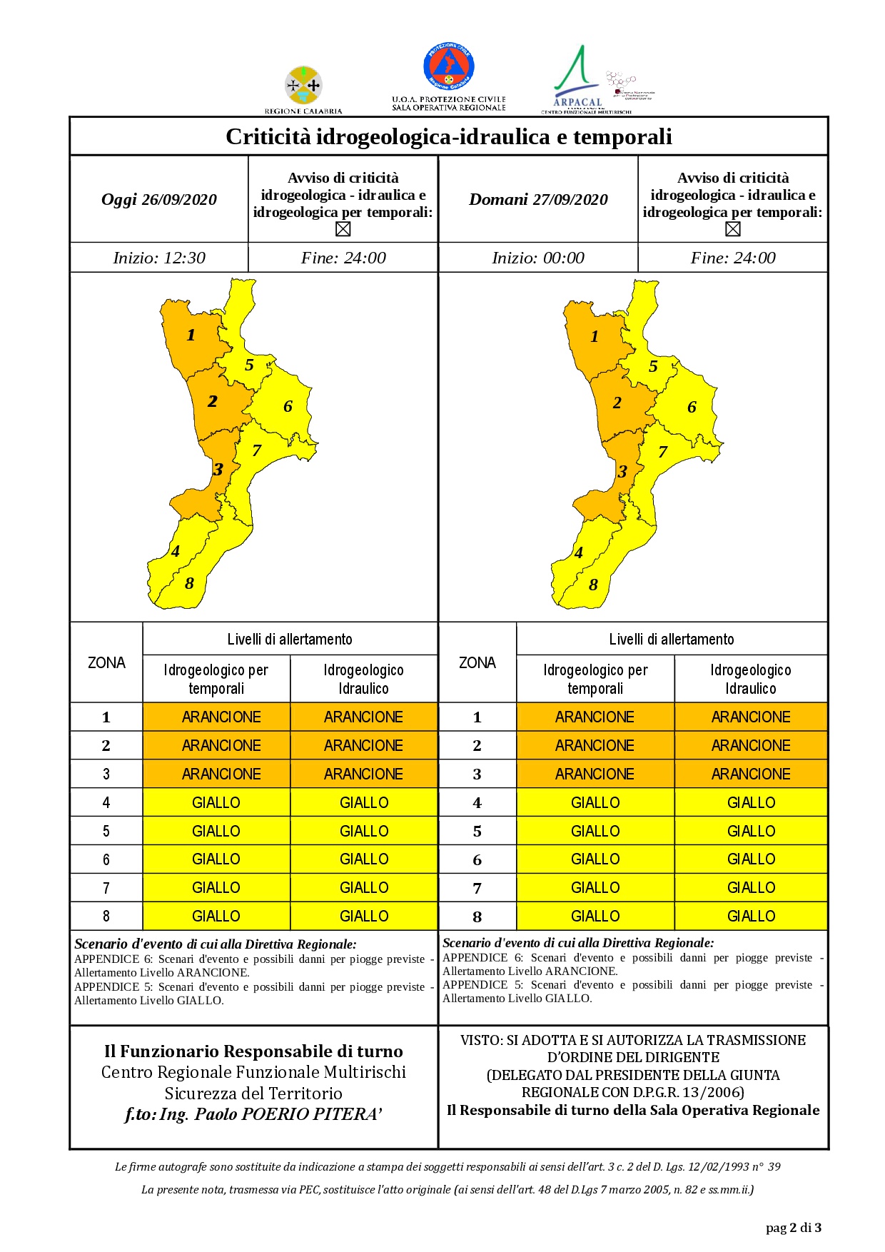 Criticità idrogeologica-idraulica e temporali in Calabria 26-09-2020