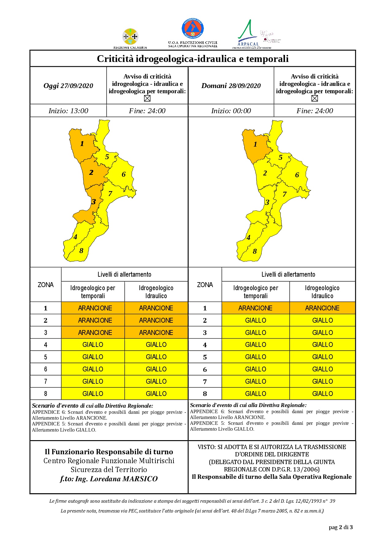Criticità idrogeologica-idraulica e temporali in Calabria 27-09-2020
