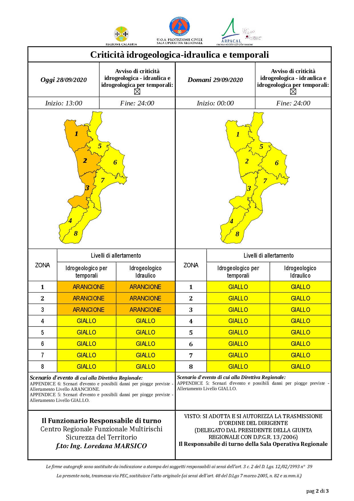 Criticità idrogeologica-idraulica e temporali in Calabria 28-09-2020
