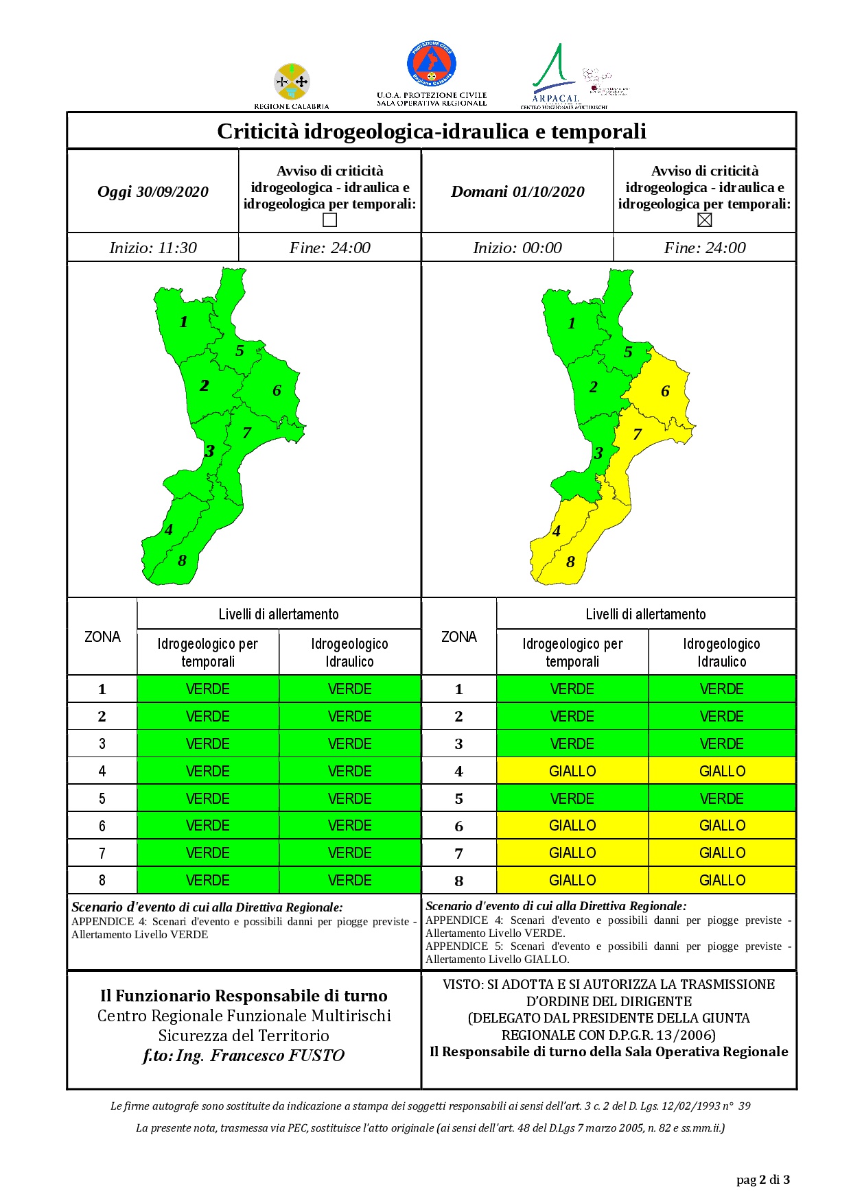Criticità idrogeologica-idraulica e temporali in Calabria 30-09-2020
