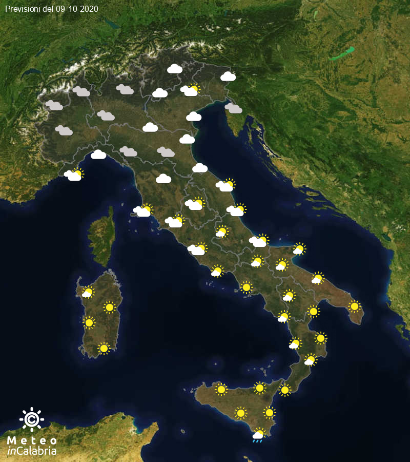 Previsioni del tempo in Italia per il giorno 09/10/2020