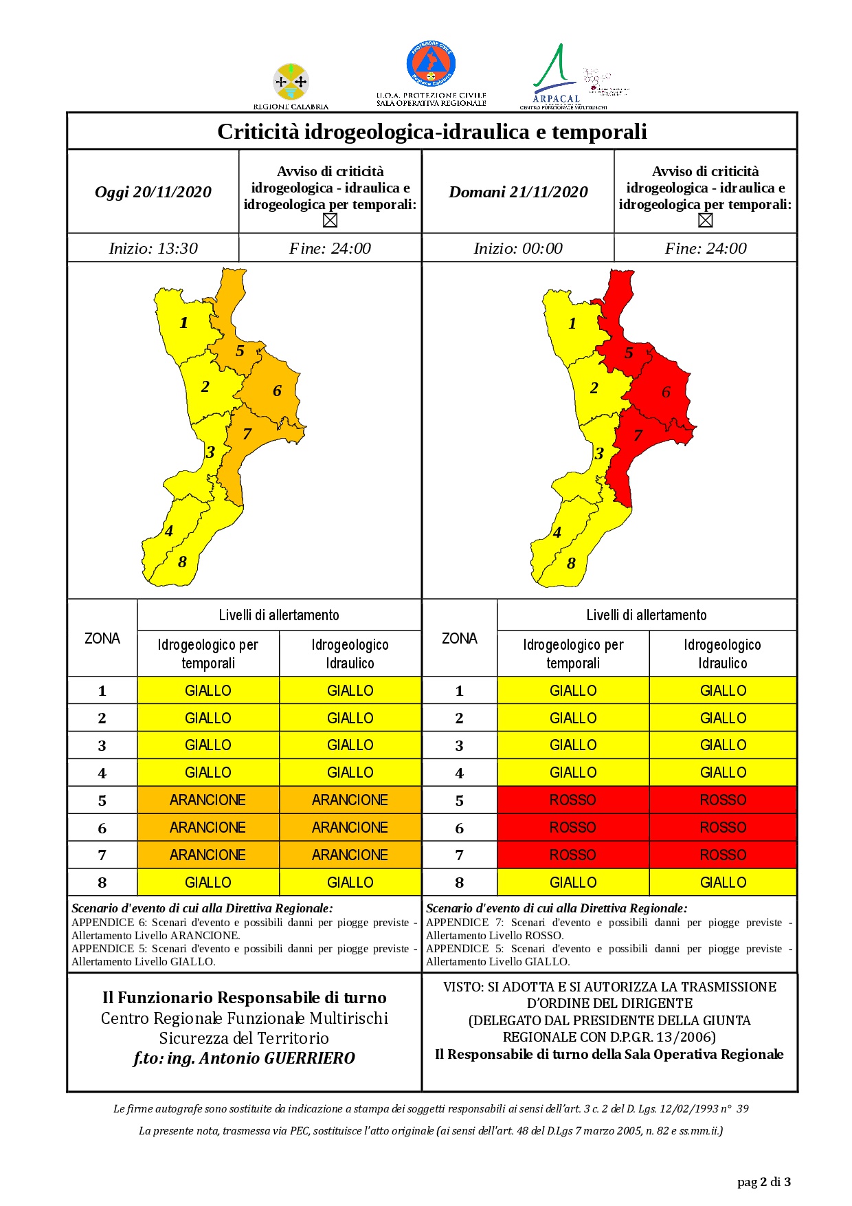 Criticità idrogeologica-idraulica e temporali in Calabria 20-11-2020