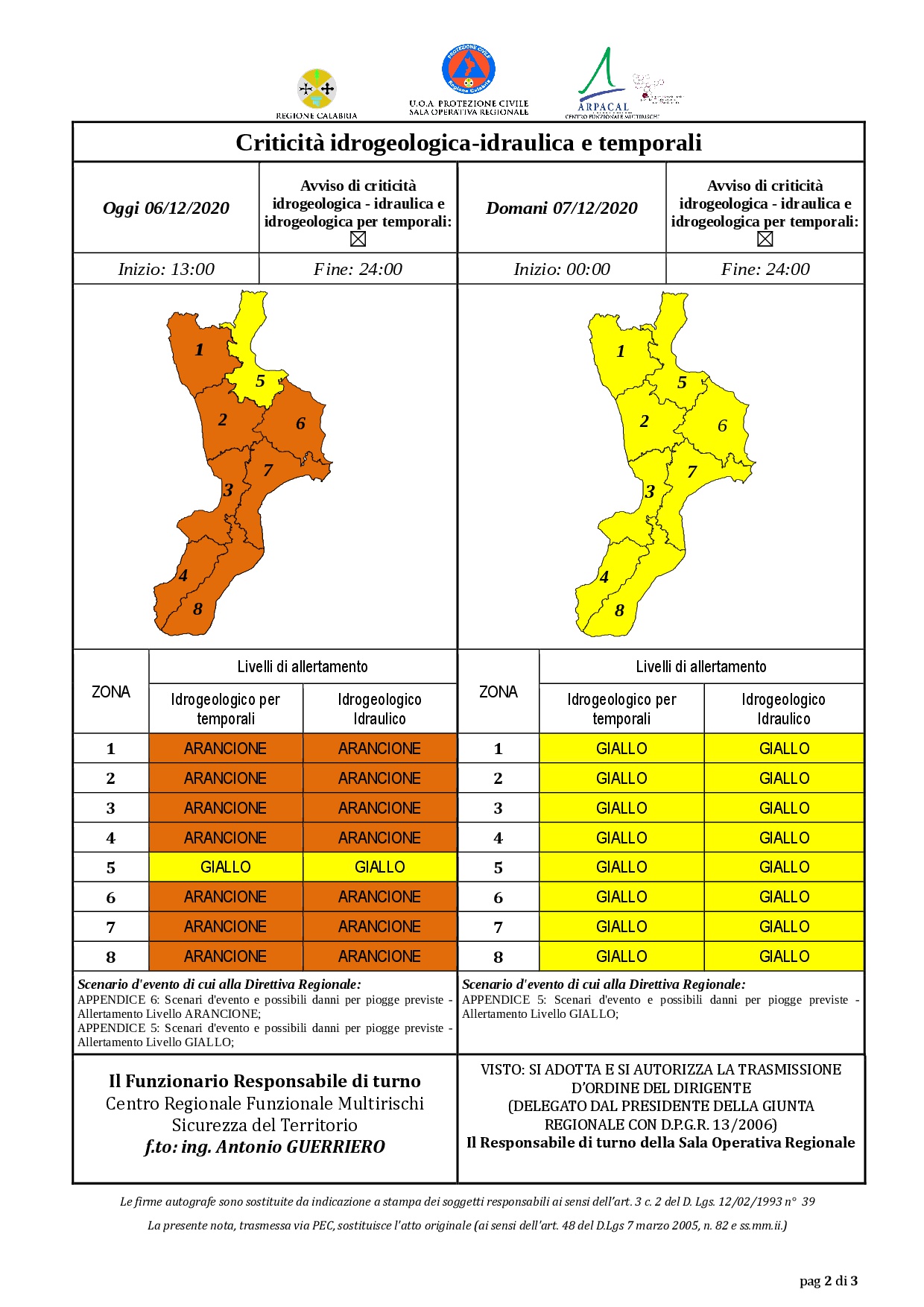 Criticità idrogeologica-idraulica e temporali in Calabria 06-12-2020