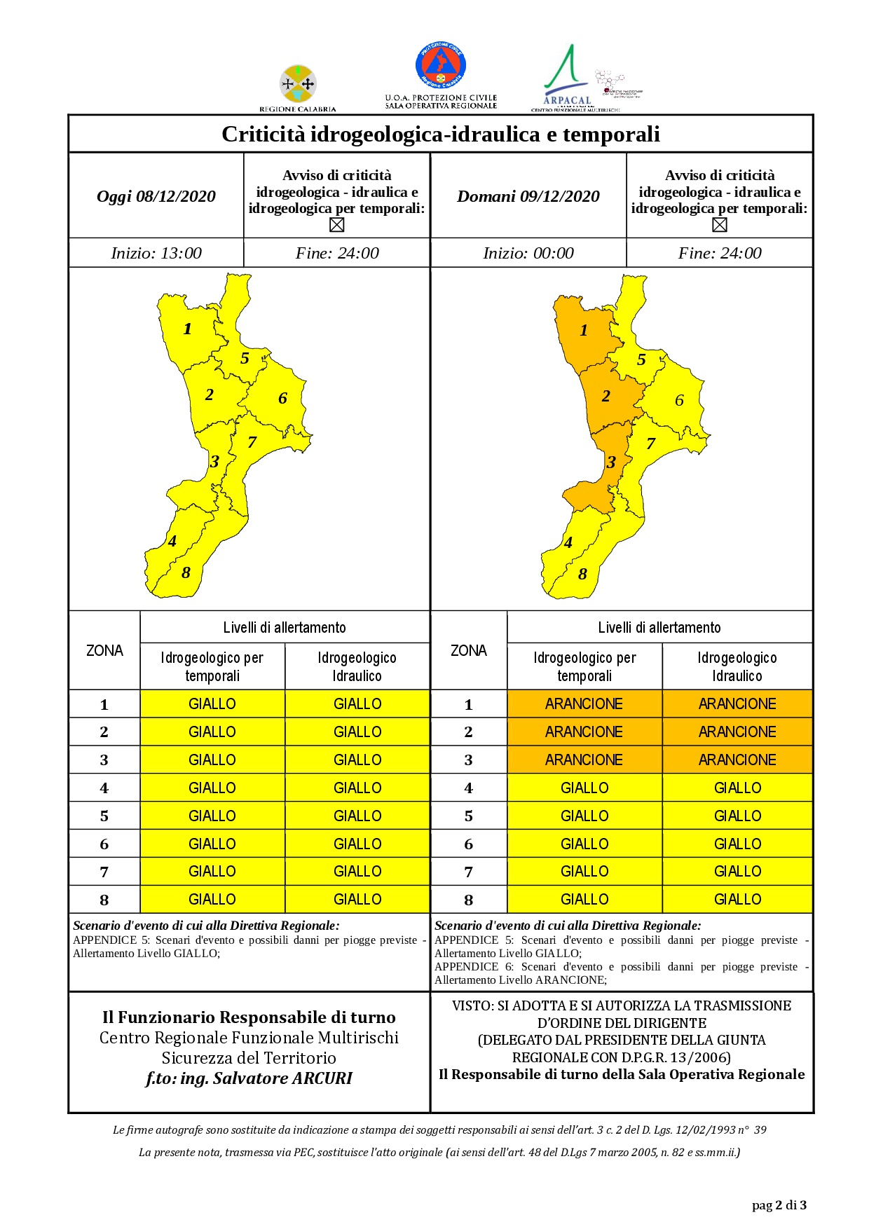 Criticità idrogeologica-idraulica e temporali in Calabria 08-12-2020